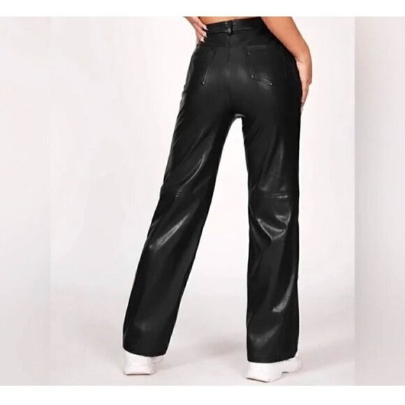 SHEIN Black Faux Leather High-Waisted Pants, Back Pockets & Straight-Leg Fit, Pe - Picture 2 of 8